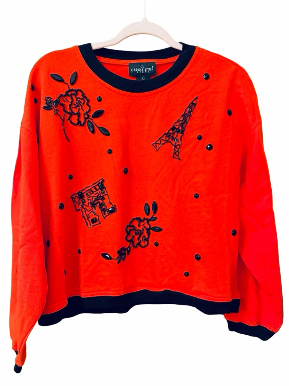 Carole Little Red Beaded Paris Embellished Sweatshirt with Black Trim